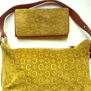 CELINE green suede monogrammed bag and wallet